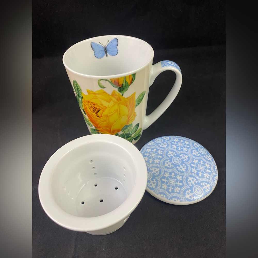 Barnes & Noble Porcelain Tea Mug Infuser Lid Rose Floral Butterfly Fringe Studio